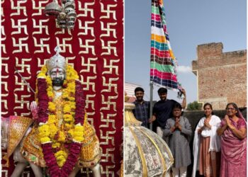 रानी-बाबा रामदेव मंदिर की वर्षगांठ पर ध्वजा चढ़ाई, श्रद्धालुओं ने लिया आशीर्वाद