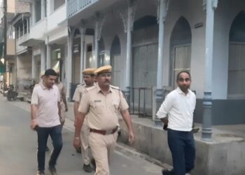 तखतगढ-नगर निकाय चुनाव एवं त्योहार के मध्य नजर पुलिस एवं प्रशासन ने निकाला फ्लैग मार्च